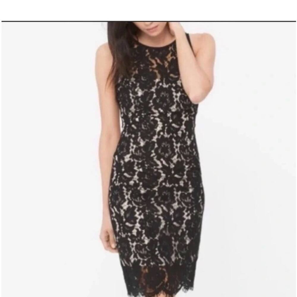 White House Black Market Black Lace Sheath Dress Size 12 Nude Lined Cocktail